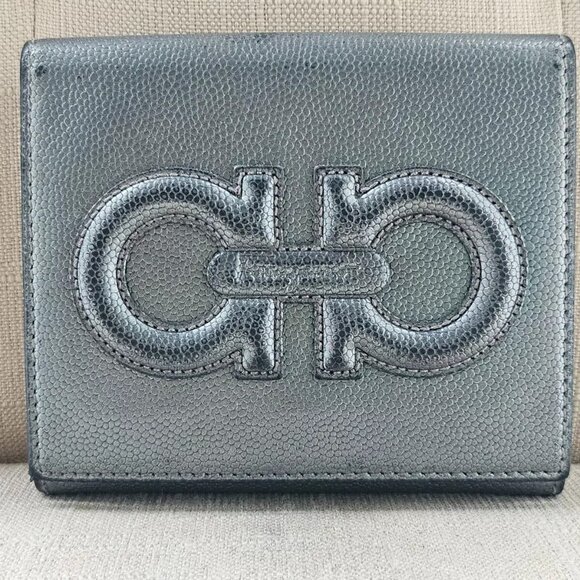 Salvatore Ferragamo Wallet Gray Genuine Leather Card Holder Purse Made in Italy